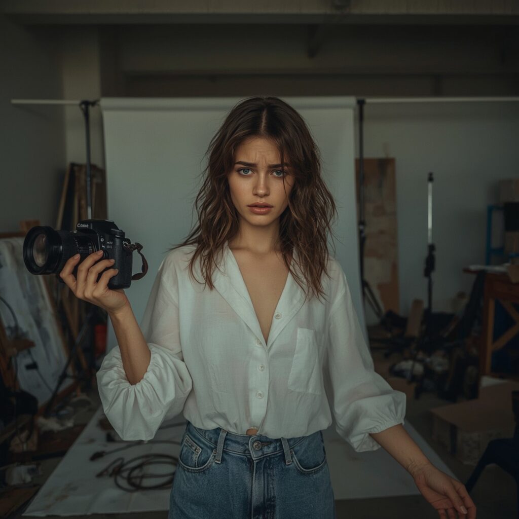 mulher jovem com maquina fotografica na mao